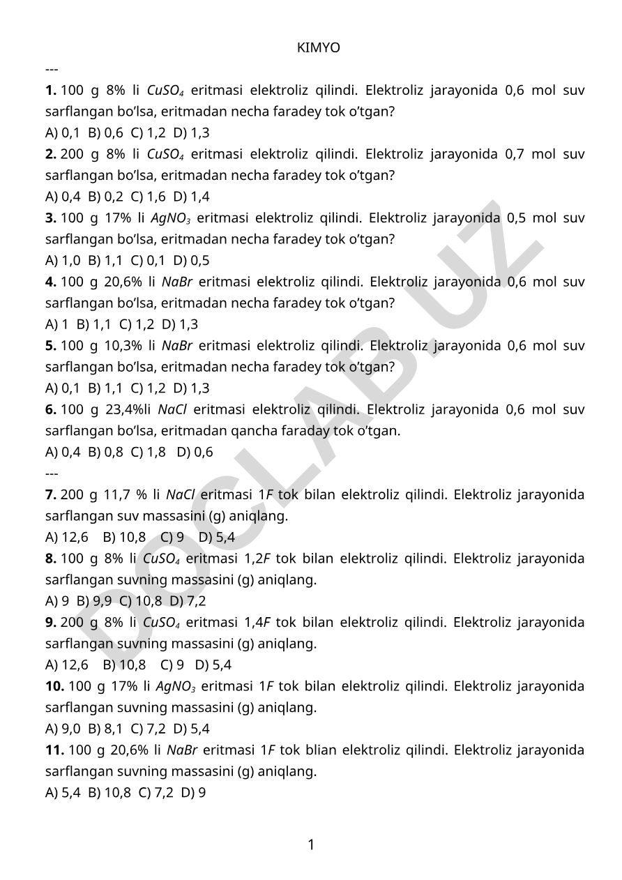 Kimyo fanidan elektroliz masalalari to'plami