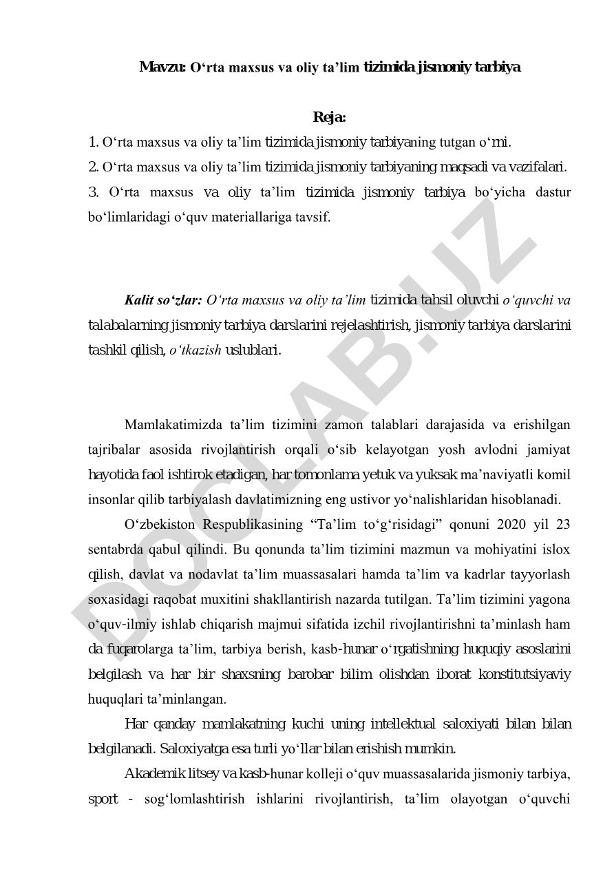 Oʻrta maxsus va oliy ta’lim tizimida jismoniy tarbiya