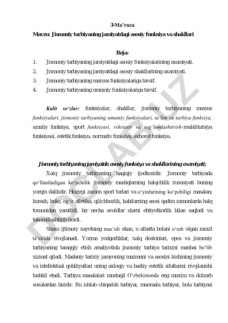 Jismoniy tarbiyaning jamiyatdagi asosiy funksiya va shakllari