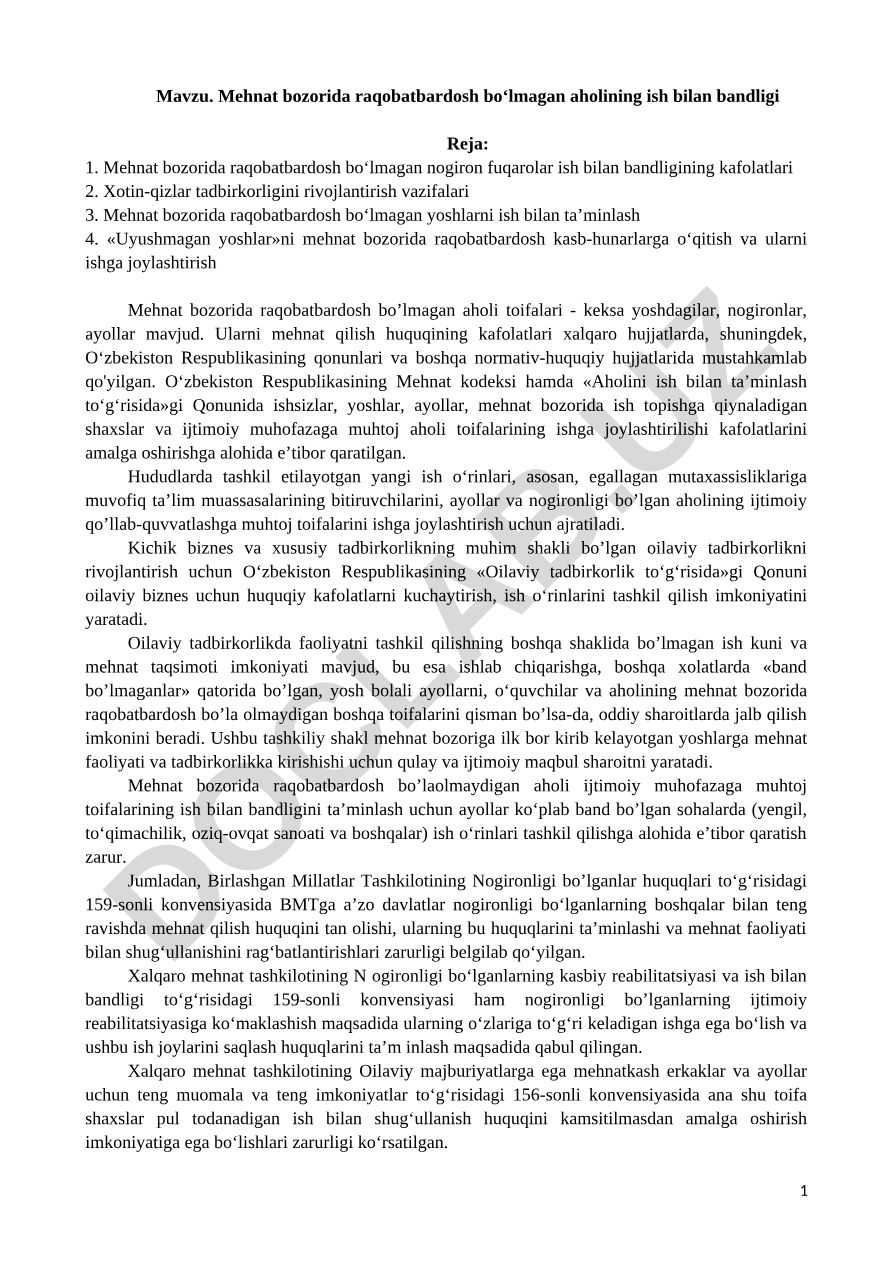 Mehnat bozorida raqobatbardosh bo‘lmagan aholining ish bilan bandligi