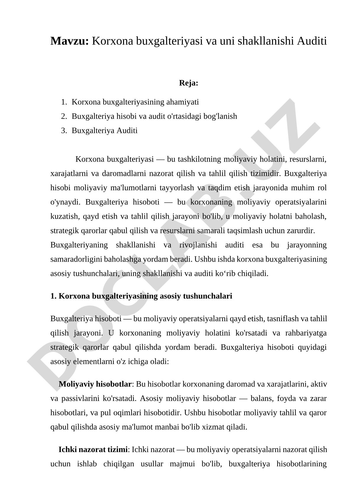 Korxona buxgalteriyasi va uni shakllanishi Auditi