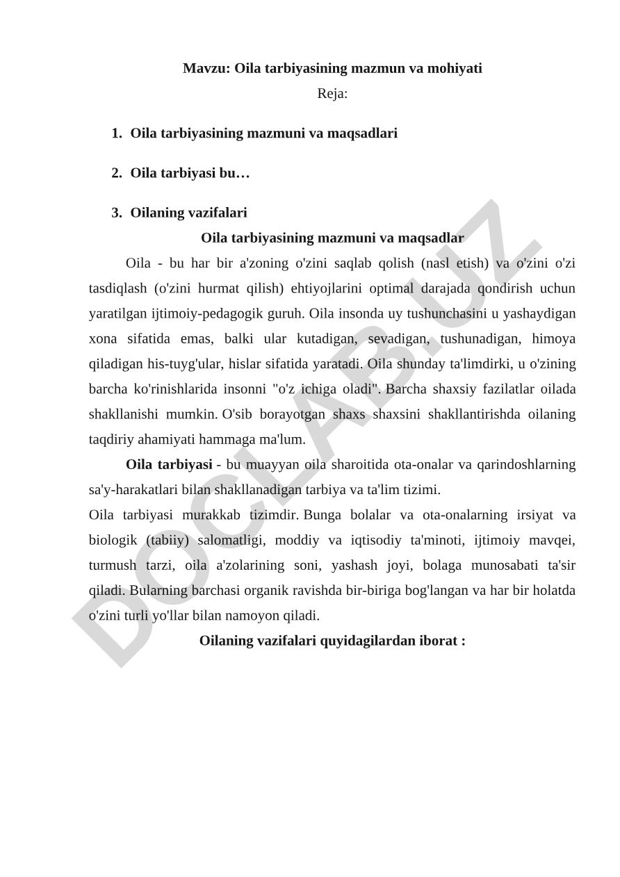 Oila tarbiyasining mazmun va mohiyati
