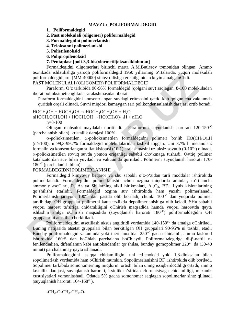 POLIFORMALDEGID va formaldegid polimerlari