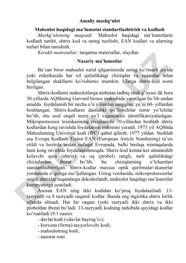 Mahsulot ma'lumotlarini standartlashtirish va kodlash