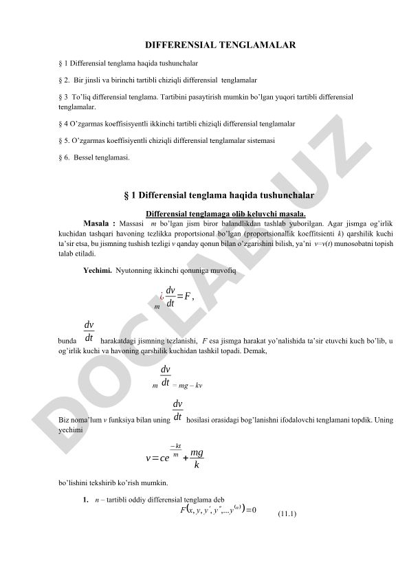 Differensial tenglamalar haqida tushunchalar va ularning yechimlari