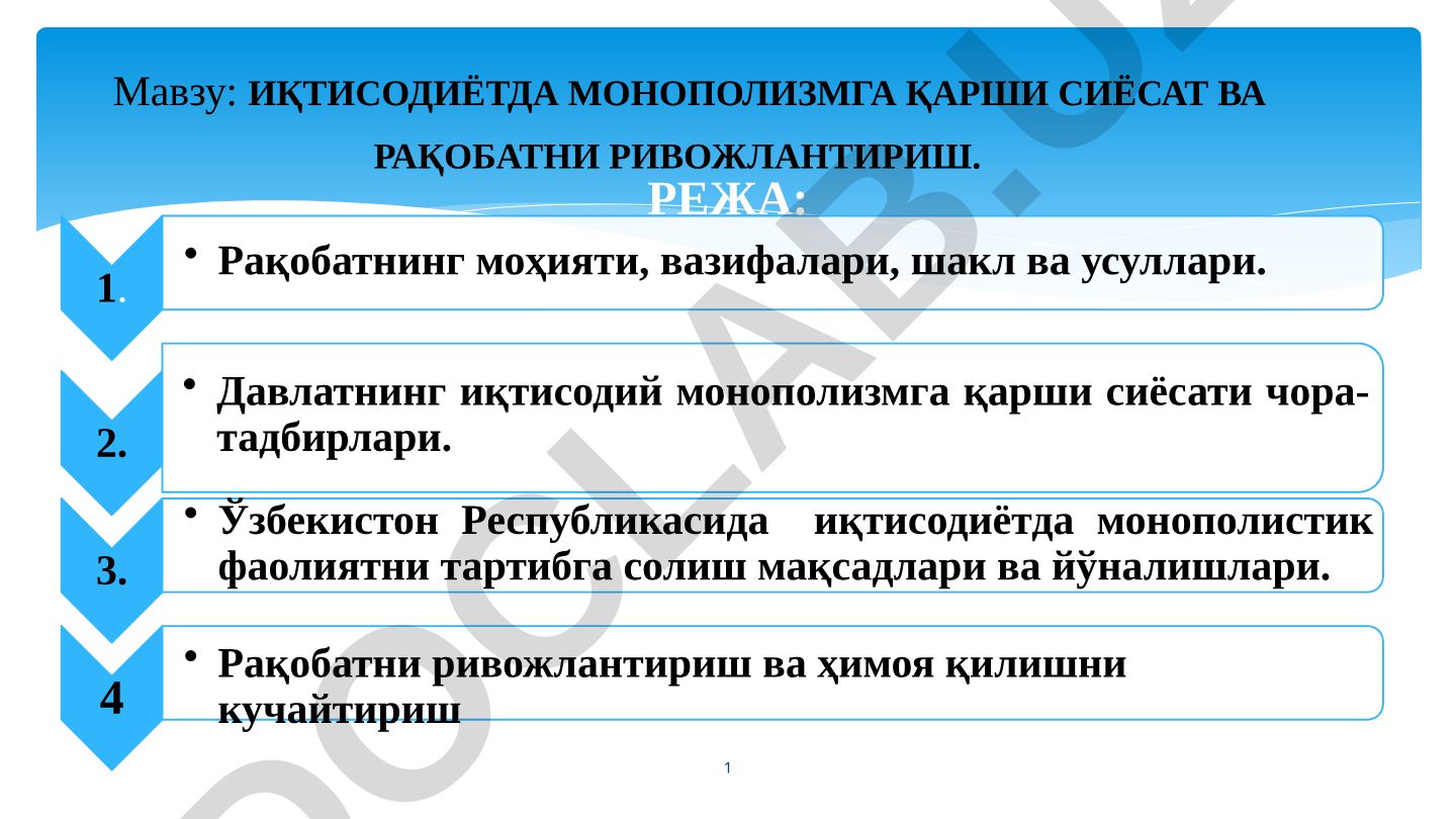 Иқтисодиётда монополизмга қарши сиёсат ва рақобатни ривожлантириш