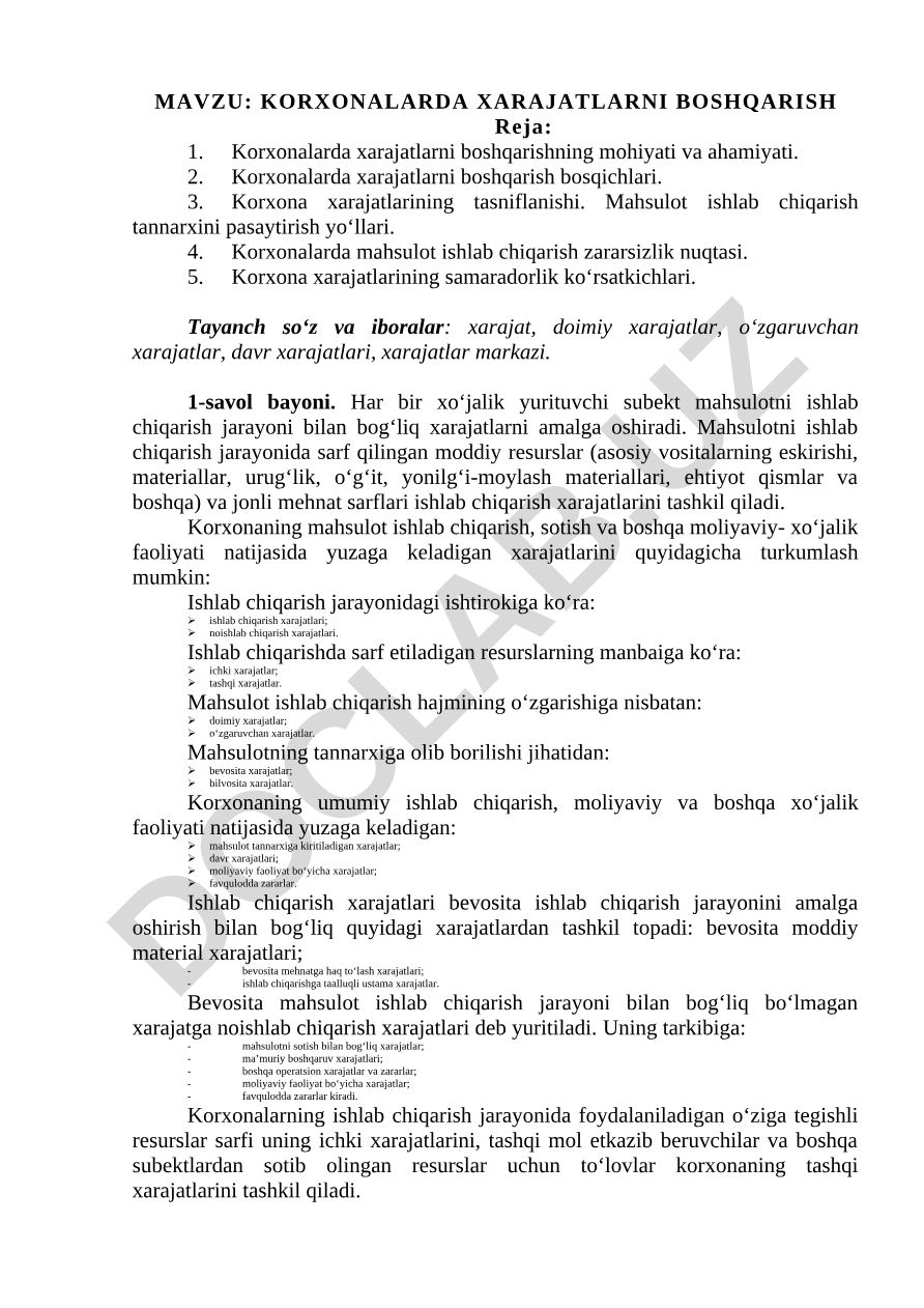 Korxonalarda xarajatlarni boshqarish