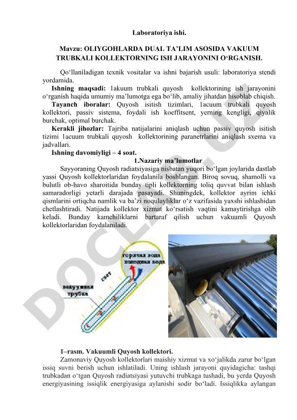 OLIYGOHLARDA DUAL TA’LIM ASOSIDA VAKUUM TRUBKALI KOLLEKTORNING ISH JARAYONINI O‘RGANISH