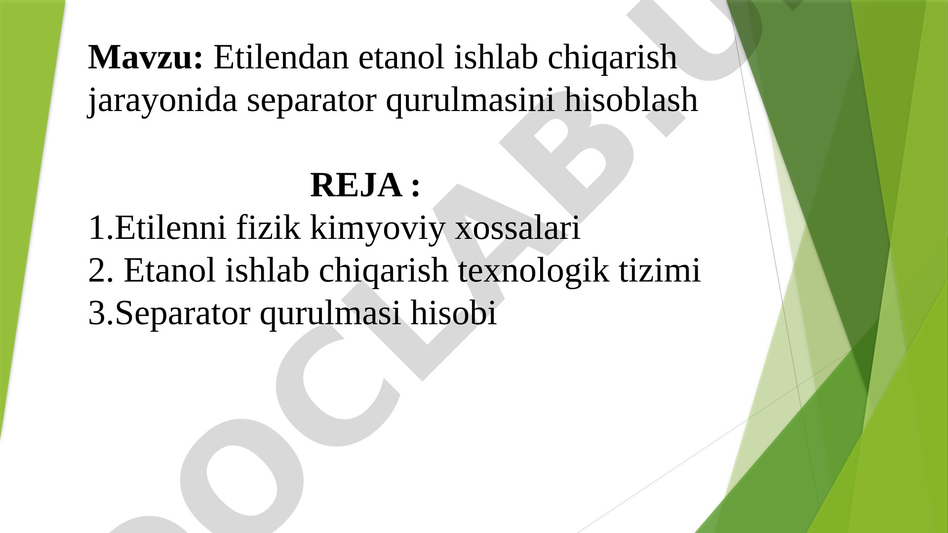 Etilendan etanol ishlab chiqarish jarayonida separator qurulmasini hisoblash