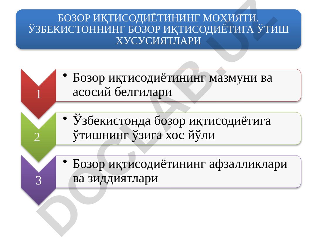 Бозор иқтисодиётининг моҳияти ва Ўзбекистонда ўтиш хусусиятлари