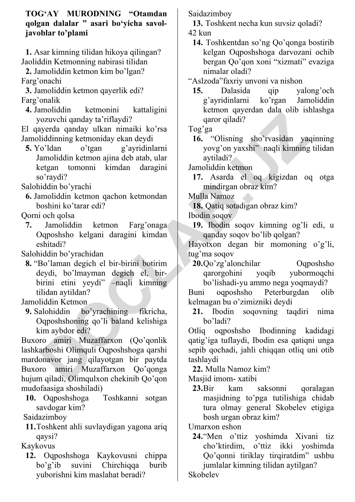Tog‘ay Murodning “Otamdan qolgan dalalar” asari bo‘yicha savol-javoblar