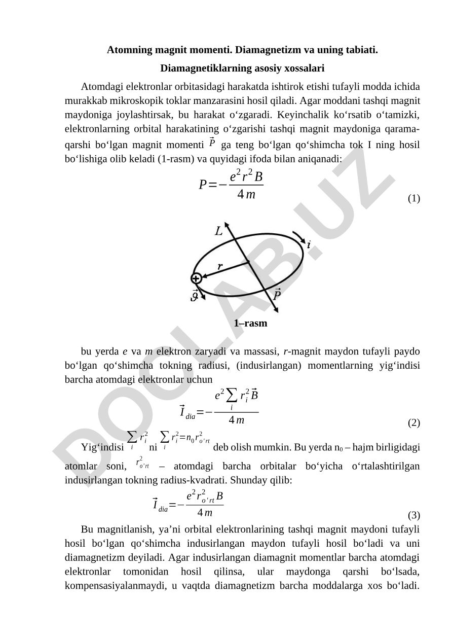 Atomning magnit momenti. Diamagnetizm va uning tabiati