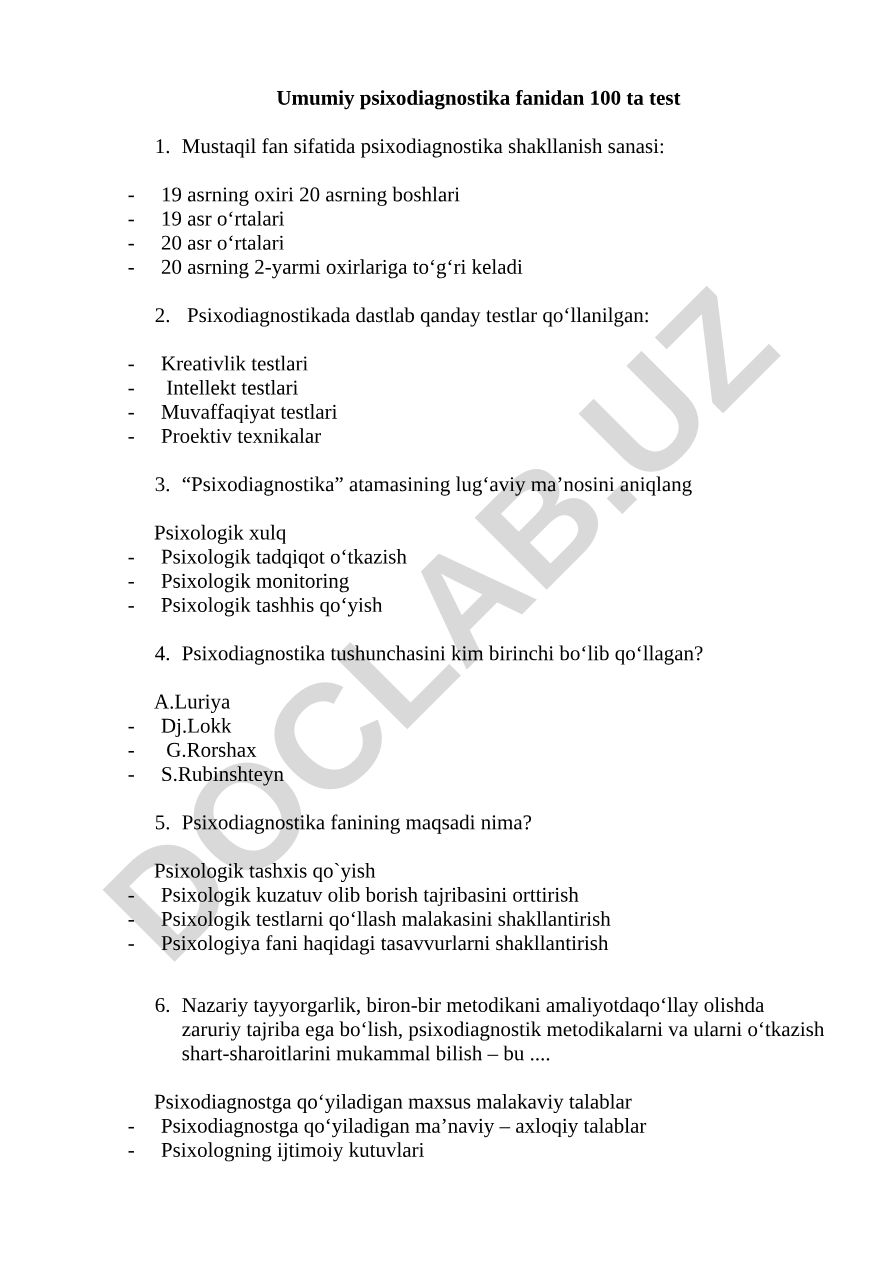 Psixodiagnostika fanidan test savollari