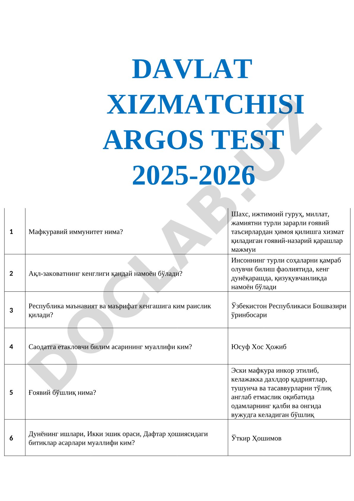 Davlat xizmatchisi argos test 2025-2026