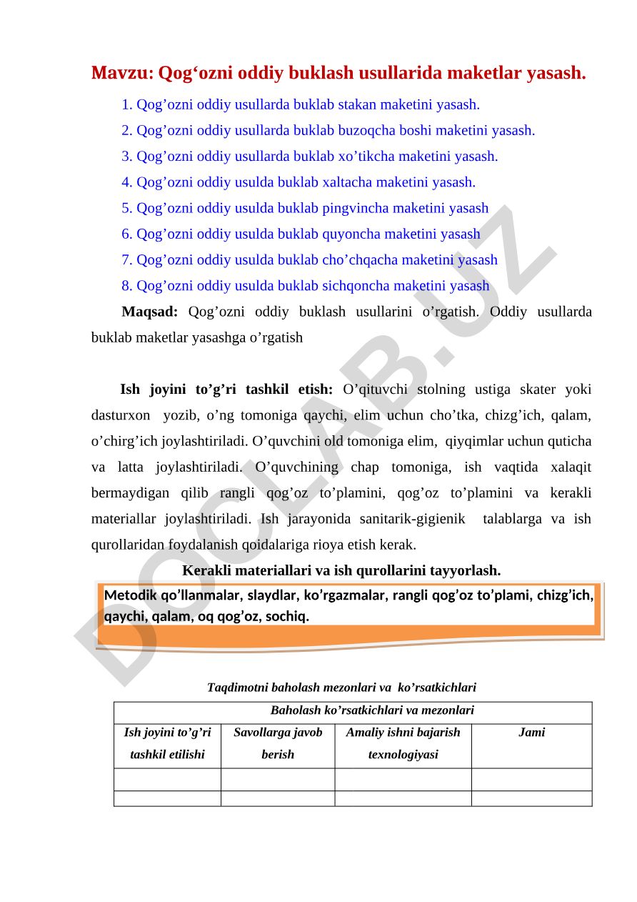 Qog‘ozni oddiy buklash usullarida maketlar yasash