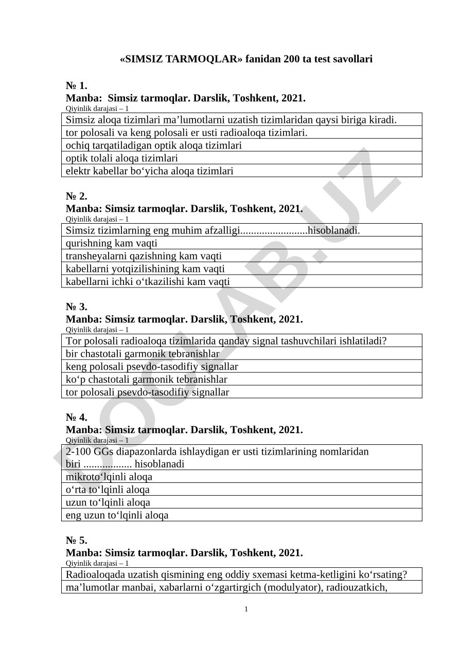 Simsiz tarmoqlar fanidan test savollari