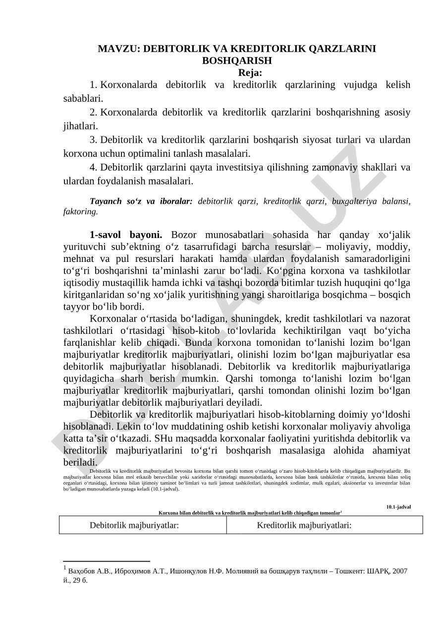 DEBITORLIK VA KREDITORLIK QARZLARINI BOSHQARISH
