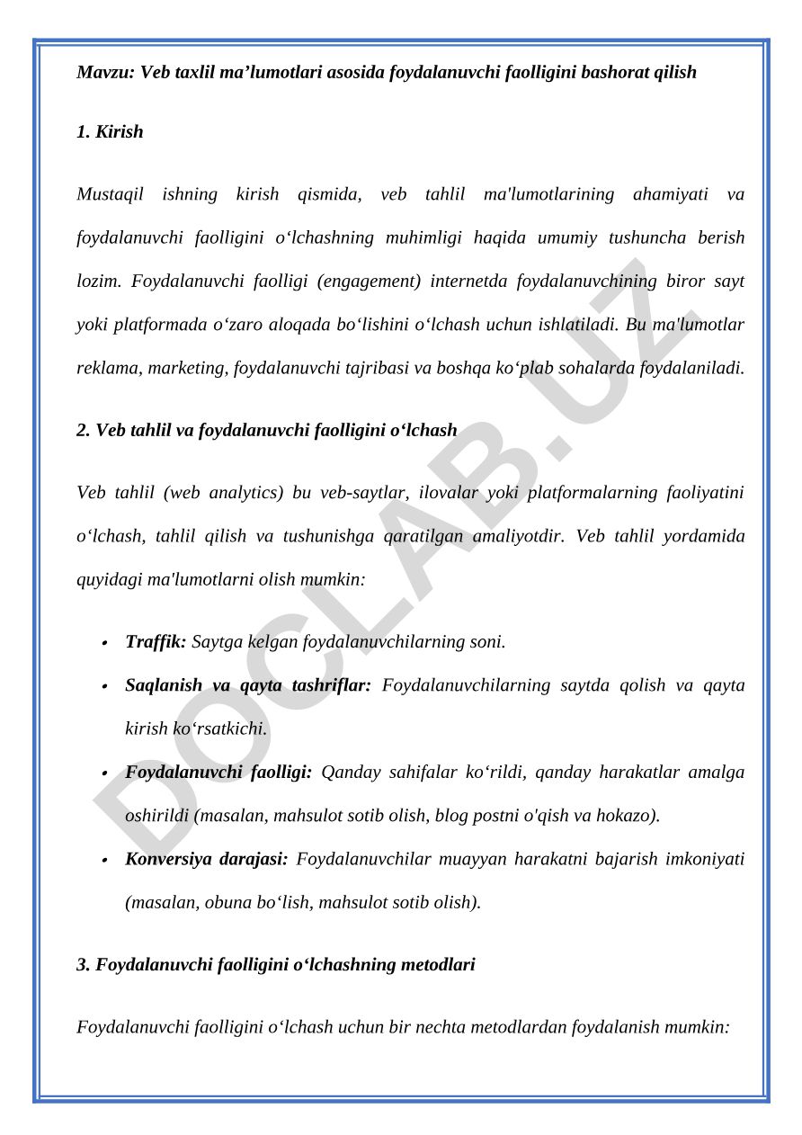 Veb taxlil ma’lumotlari asosida foydalanuvchi faolligini bashorat qilish