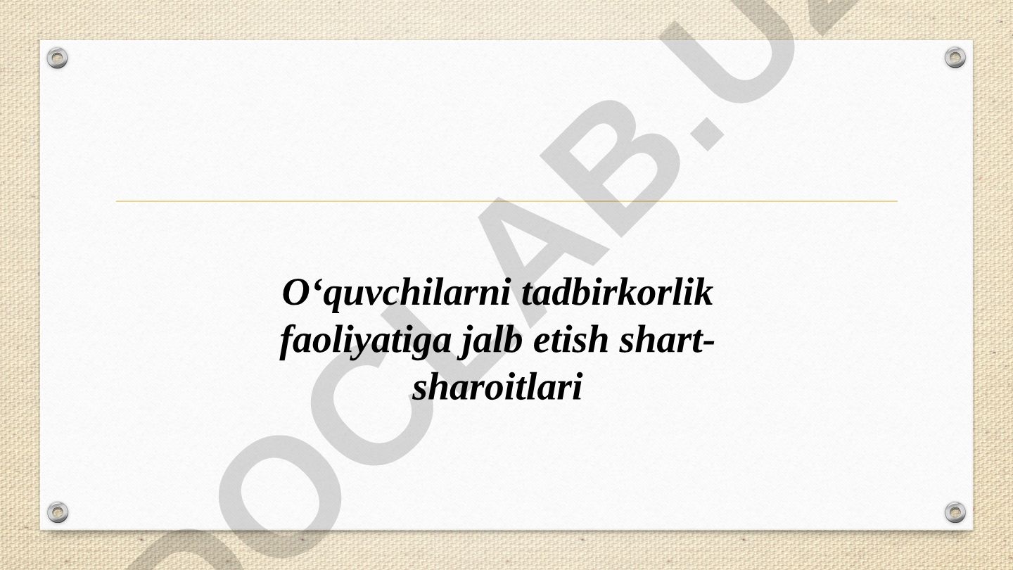 O‘quvchilarni tadbirkorlik faoliyatiga jalb etish shart-sharoitlari