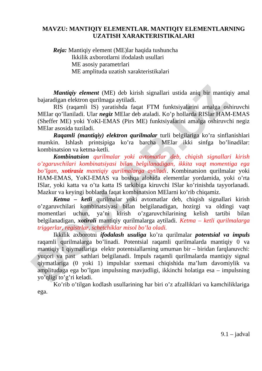 Mantiqiy elementlar. Mantiqiy elementlarning uzatish xarakteristikalari