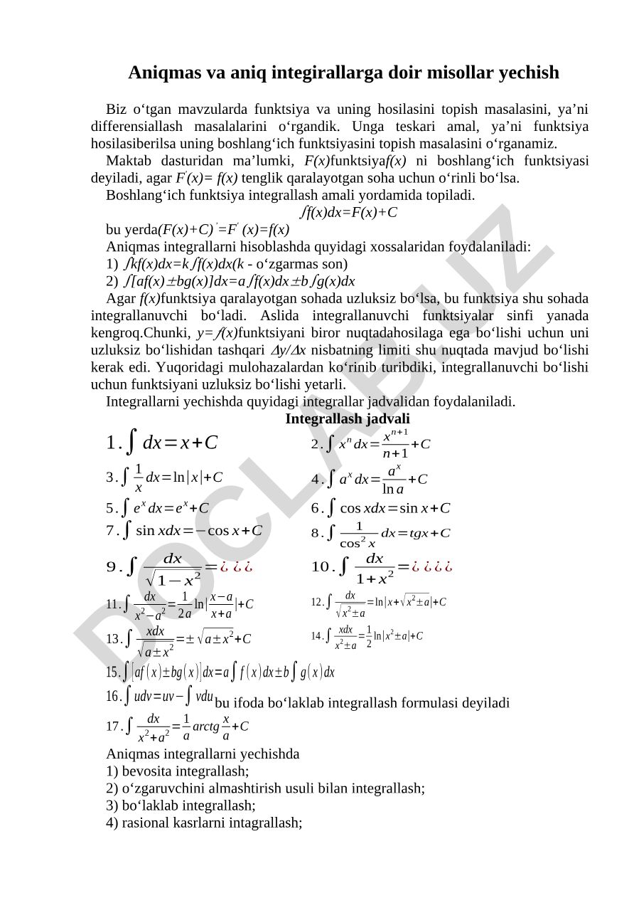 Aniqmas va aniq integrallarga doir misollar yechish
