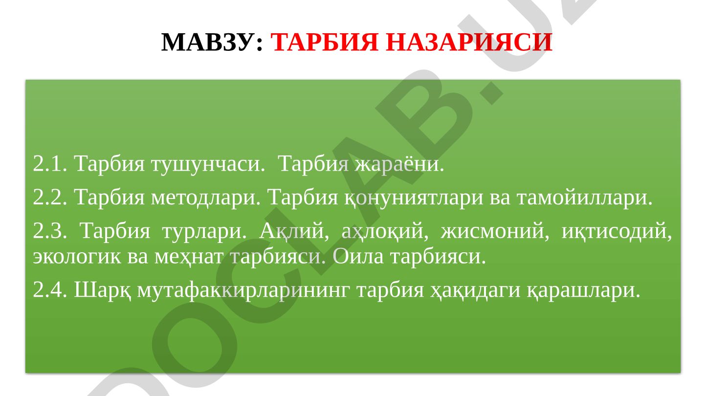 Тарбия назарияси: тушунчаси, методлари, турлари ва шарқ мутафаккирлари қарашлари