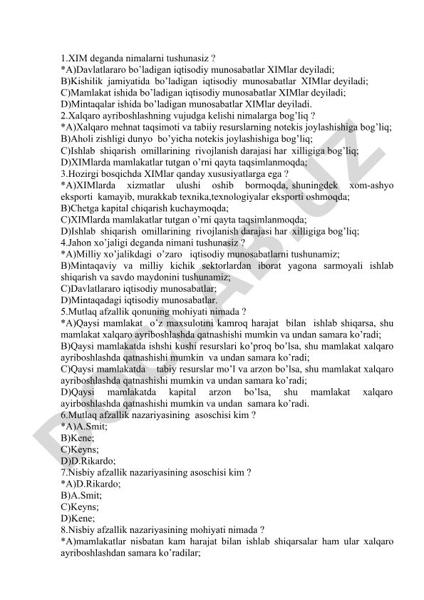 Xalqaro iqtisodiy munosabatlar test savollari