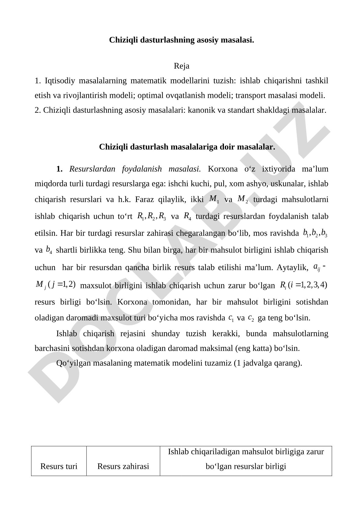 Chiziqli dasturlashning asosiy masalasi