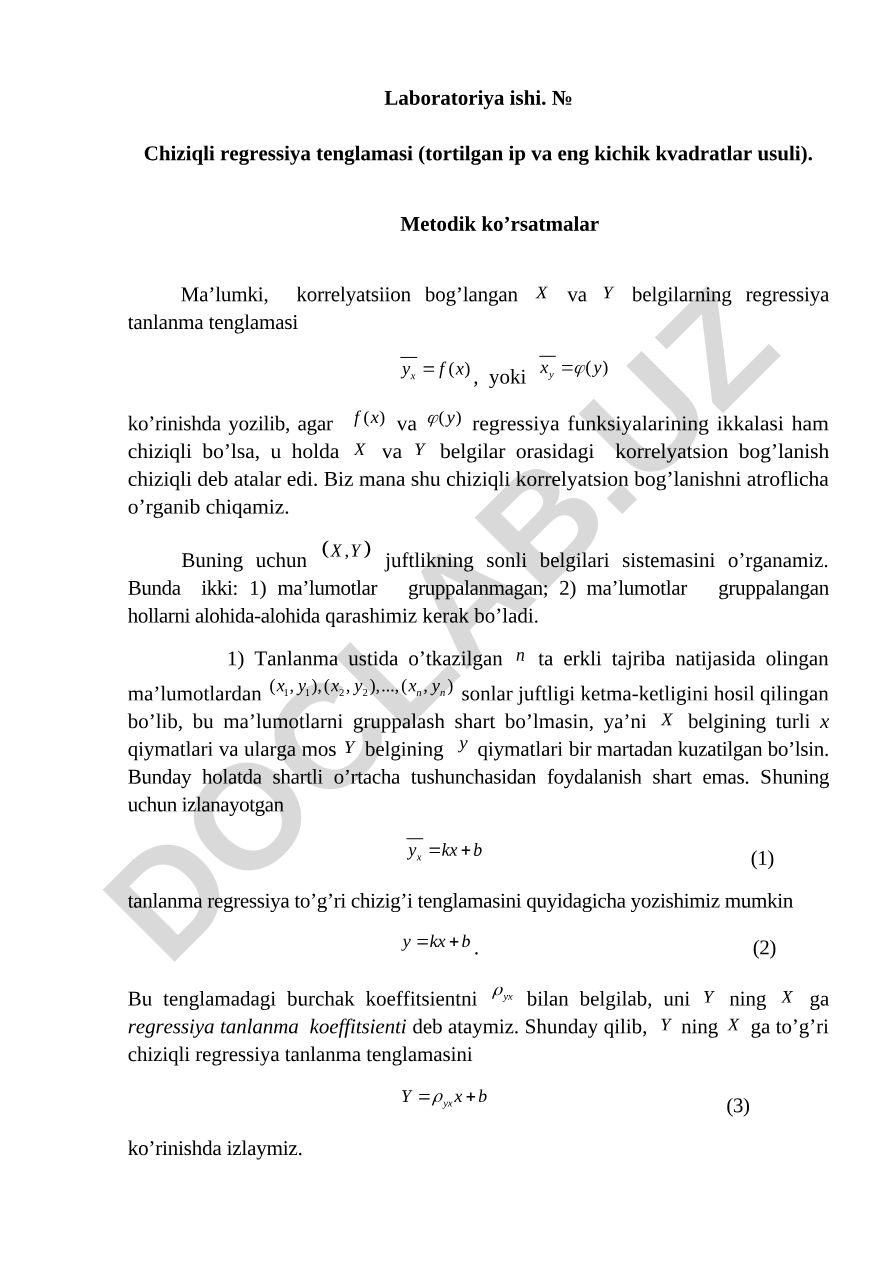 Chiziqli regressiya tenglamasi (tortilgan ip va eng kichik kvadratlar usuli)