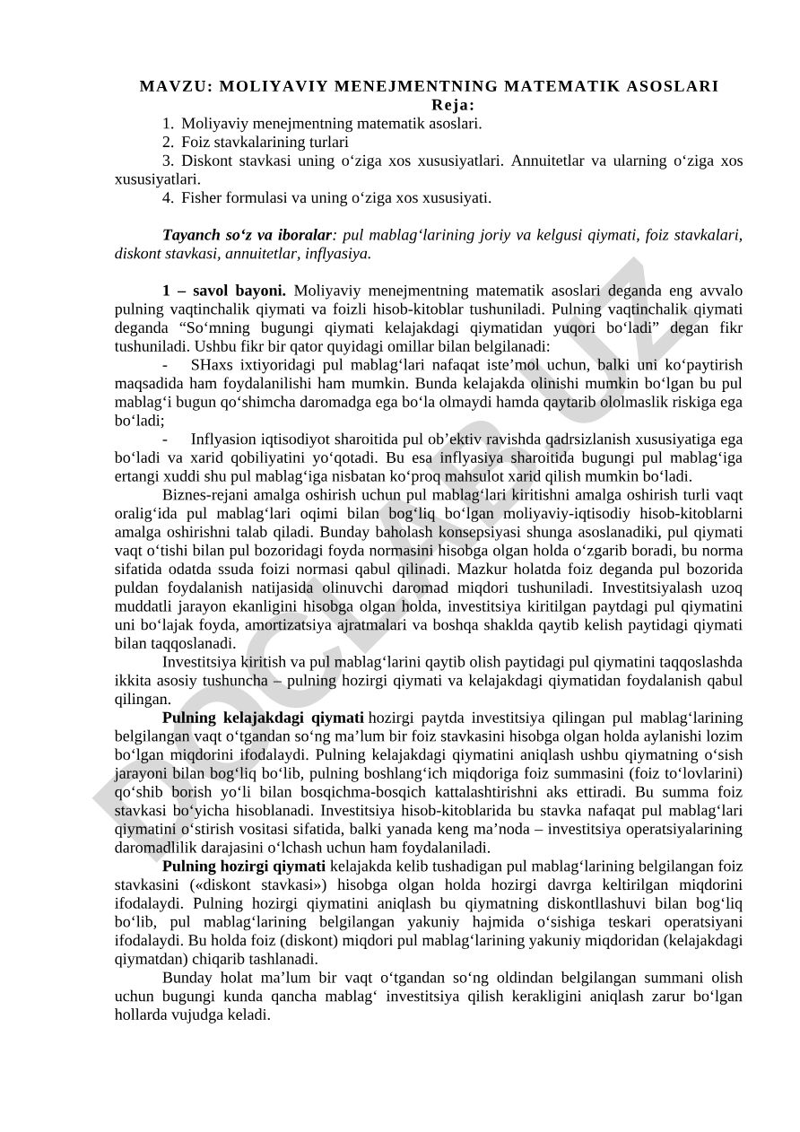 MOLIYAVIY MENEJMENTNING MATEMATIK ASOSLARI