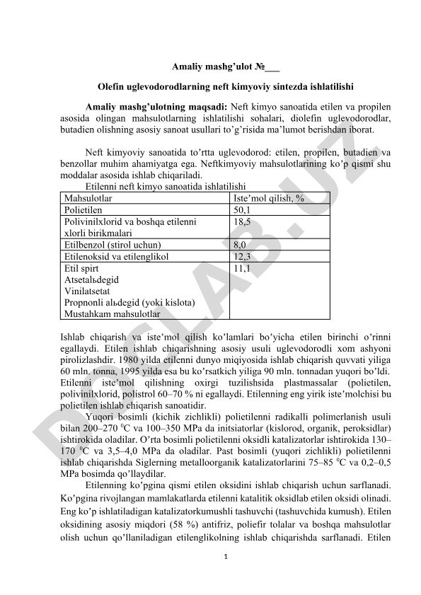 Olefin uglevodorodlarning neft kimyoviy sintezda ishlatilishi
