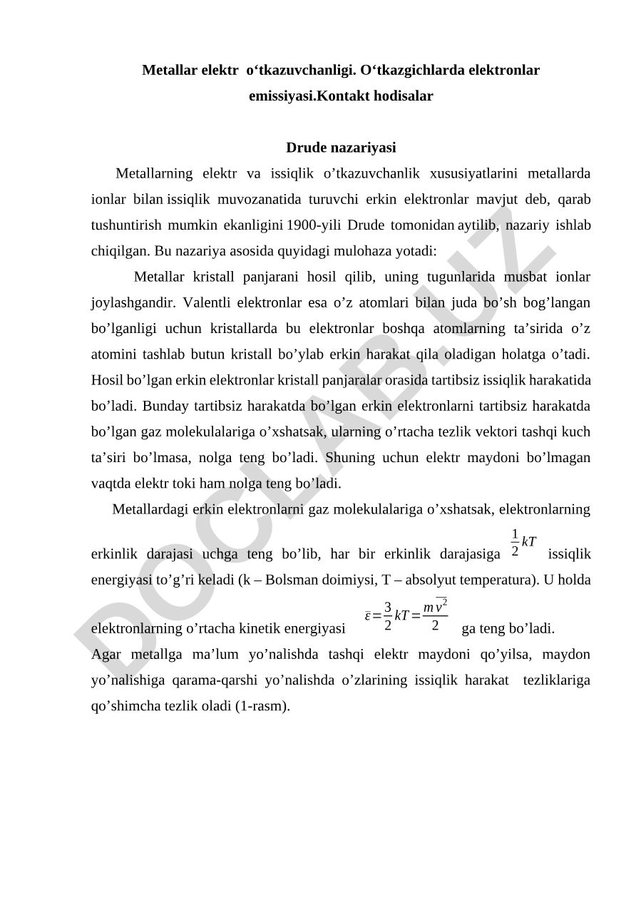 Metallarning elektr va issiqlik o'tkazuvchanligi
