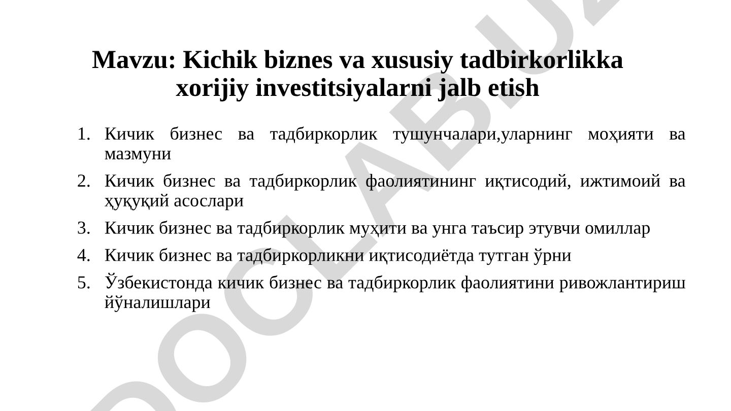 Kichik biznes va xususiy tadbirkorlikka xorijiy investitsiyalarni jalb etish