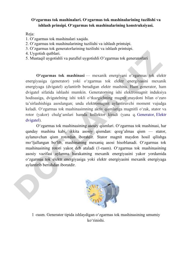 O'zgarmas tok mashinalarining tuzilishi va ishlash printsipi