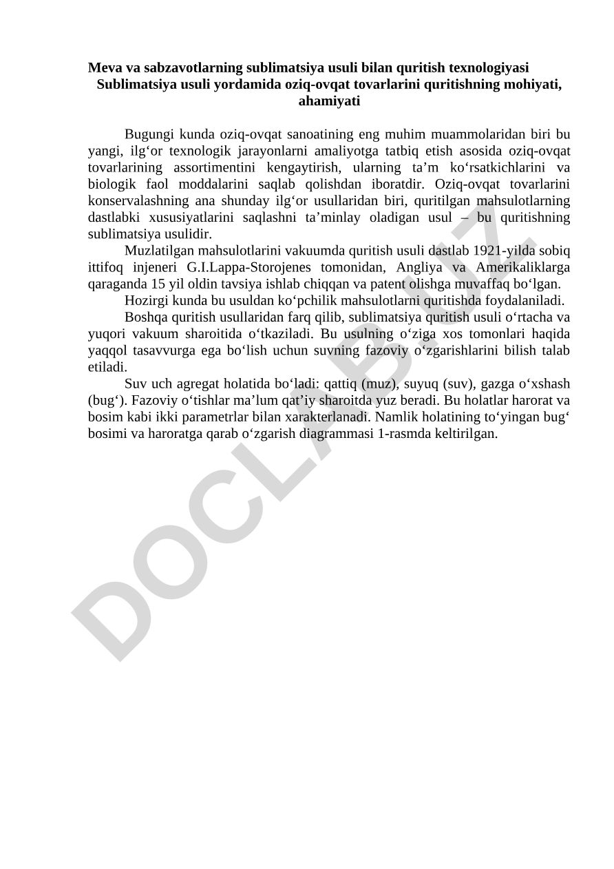 Meva va sabzavotlarning sublimatsiya usuli bilan quritish texnologiyasi