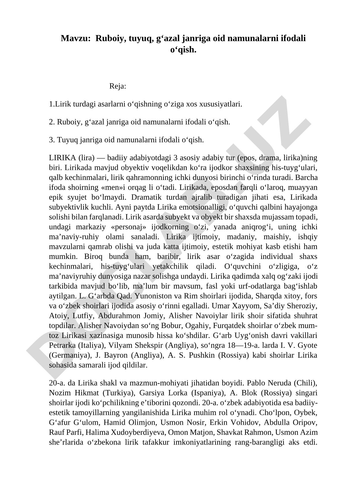 Ruboiy, tuyuq, g‘azal janriga oid namunalarni ifodali o‘qish