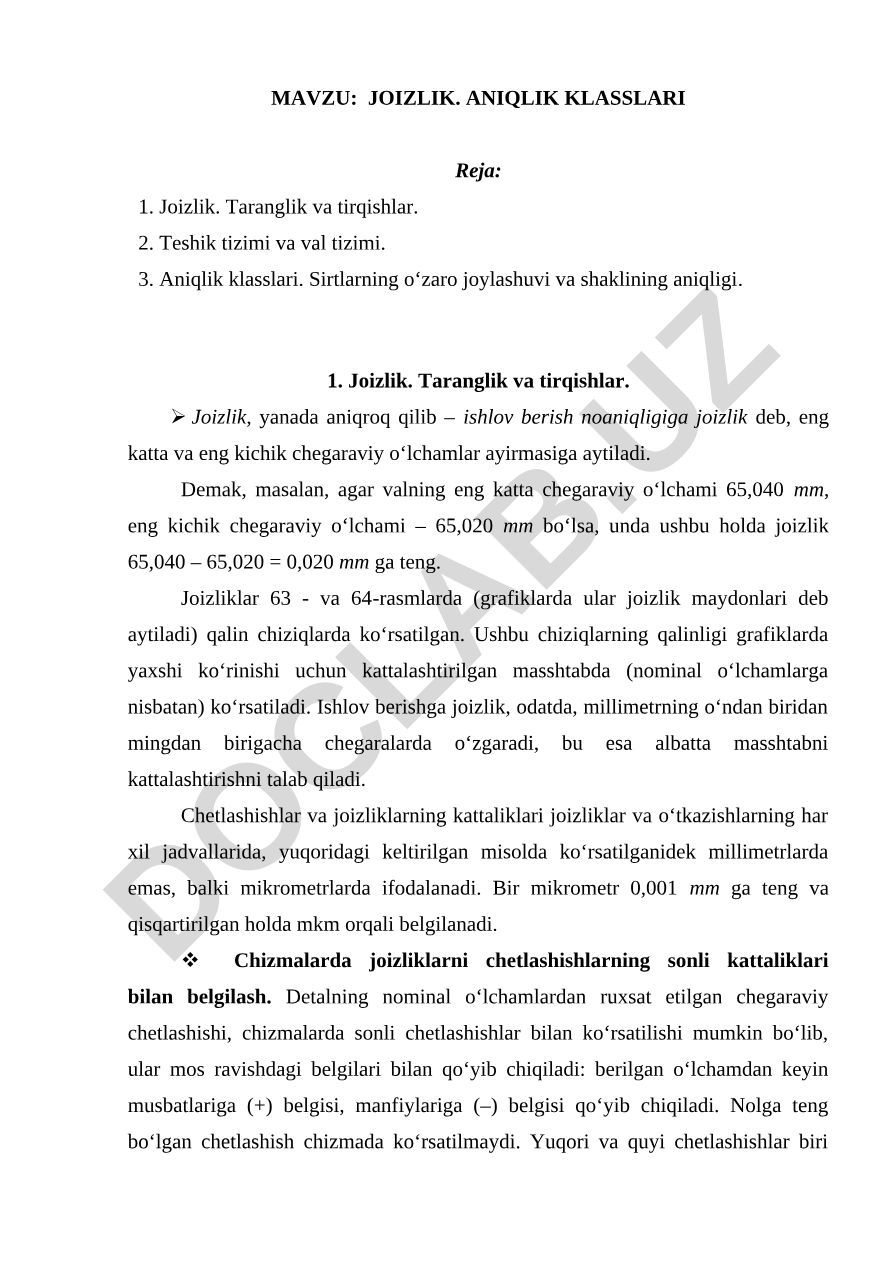 JOIZLIK. ANIQLIK KLASSLARI