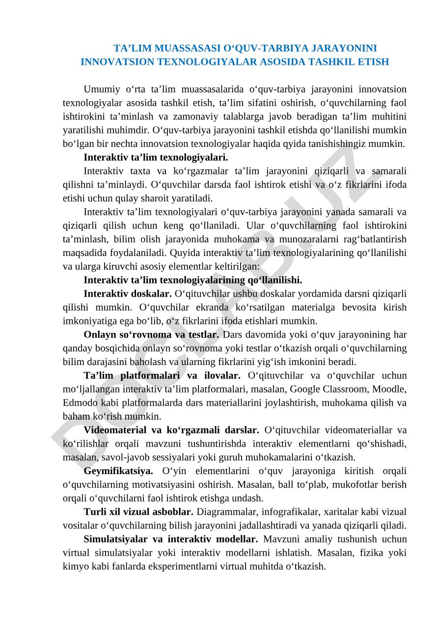 Umumiy o‘rta taʼlim muassasalarida o‘quv-tarbiya jarayonini innovatsion texnologiyalar asosida tashkil etish