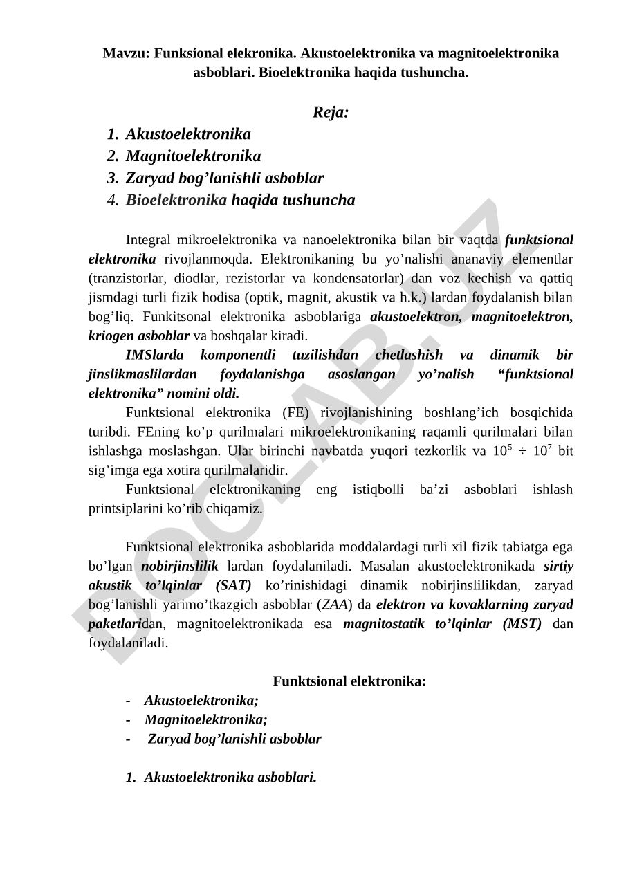 Funksional elektrоnika. Akustoelektronika va magnitoelektronika asbоblari. Bioelektronika haqida tushuncha