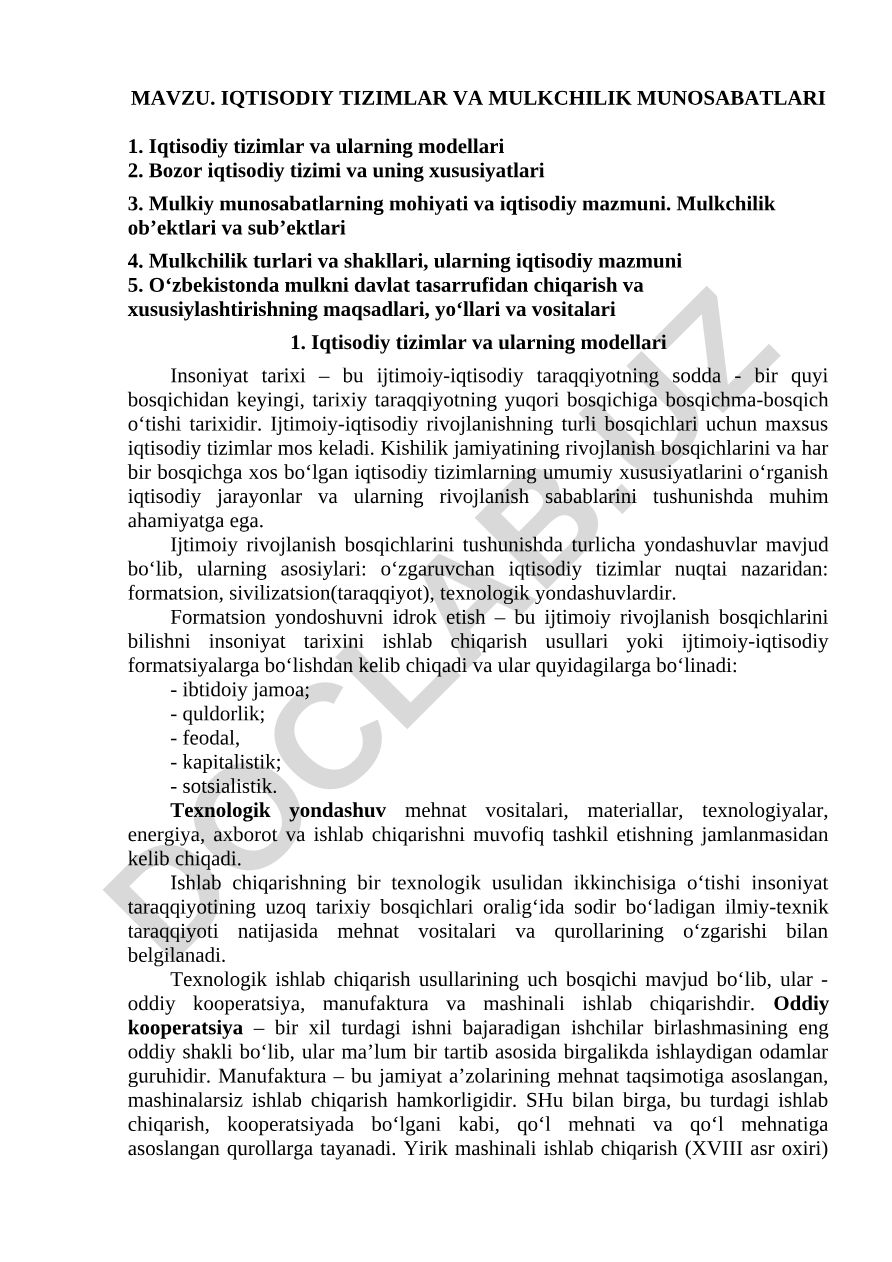 Iqtisodiy tizimlar va mulkchilik munosabatlari