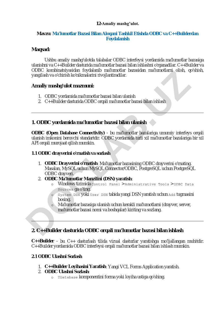 Ma'lumotlar Bazasi Bilan Aloqani Tashkil Etishda ODBC va C++Builderdan Foydalanish