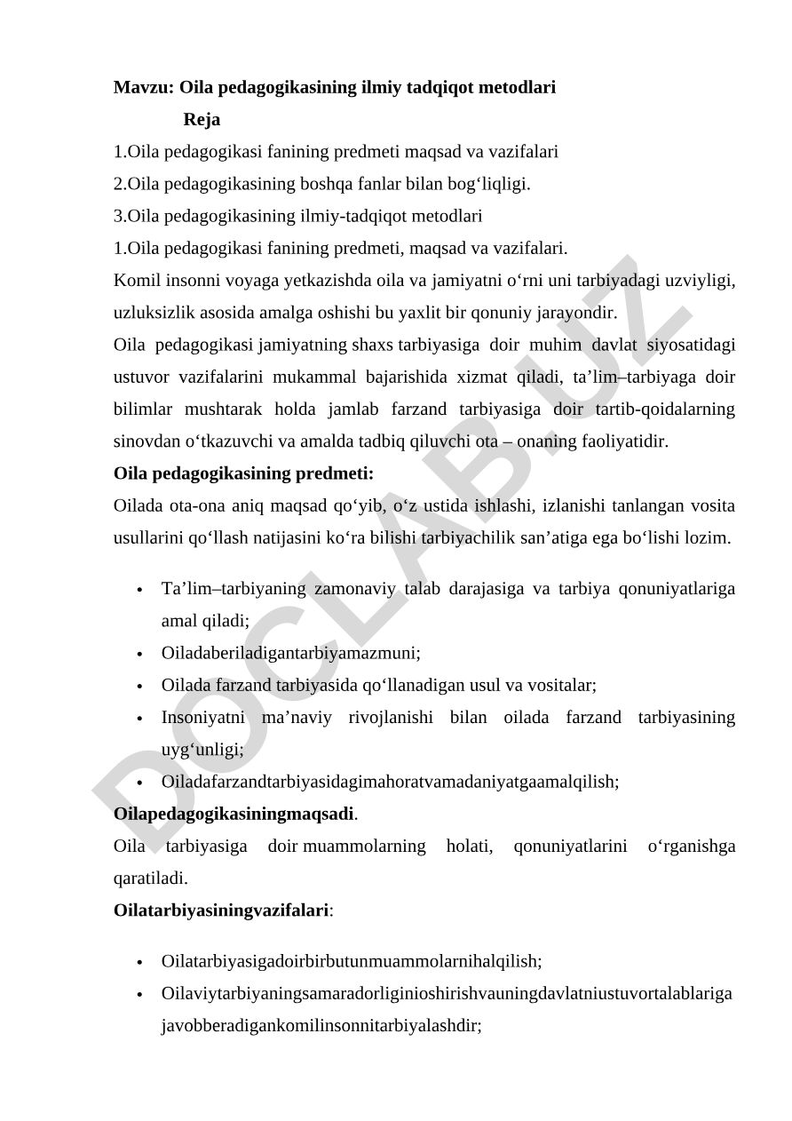Oila pedagogikasining ilmiy tadqiqot metodlari