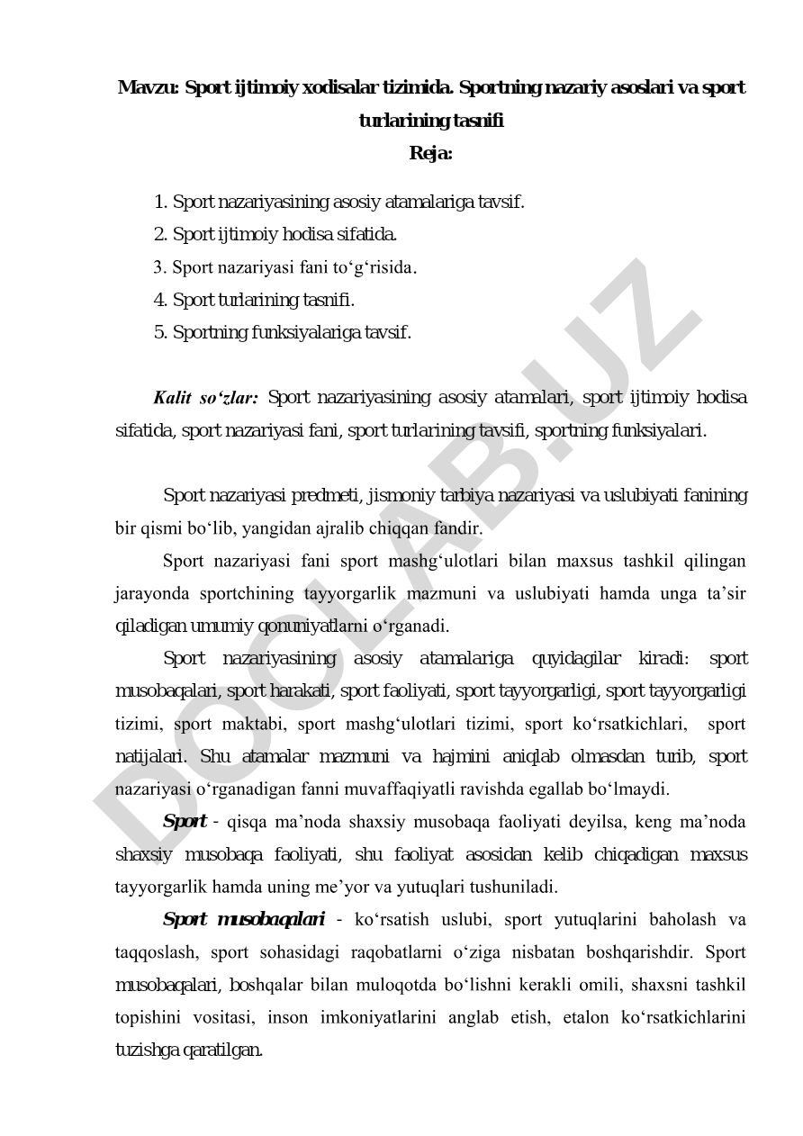 Sport ijtimoiy xodisalar tizimida. Sportning nazariy asoslari va sport turlarining tasnifi