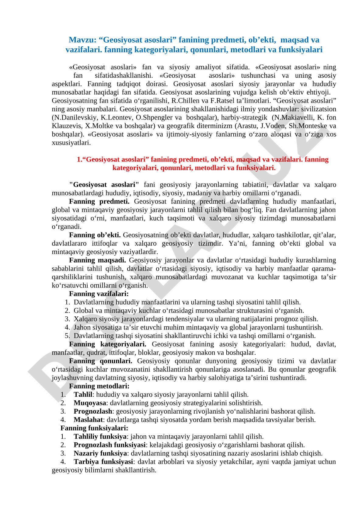 Geosiyosat asoslari fanining predmeti, ob'ekti, maqsad va vazifalari