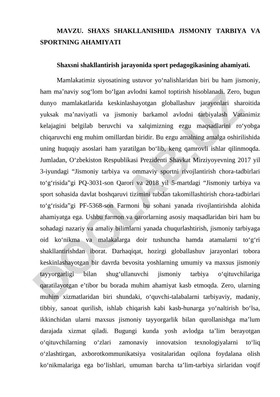 SHAXS SHAKLLANISHIDA JISMONIY TARBIYA VA SPORTNING AHAMIYATI