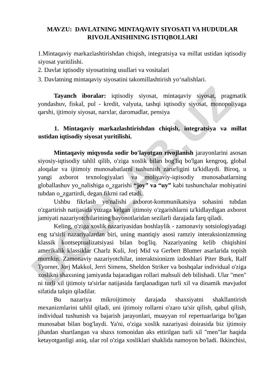 Davlatning mintaqaviy siyosati va hududlar rivojlanishining istiqbollari