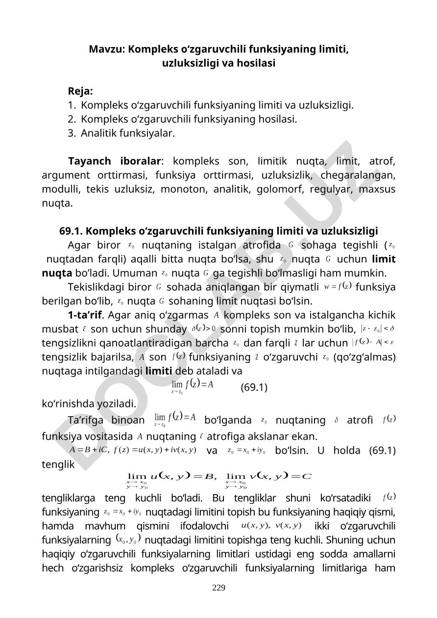 Kompleks o‘zgaruvchili funksiyaning limiti, uzluksizligi va hosilasi
