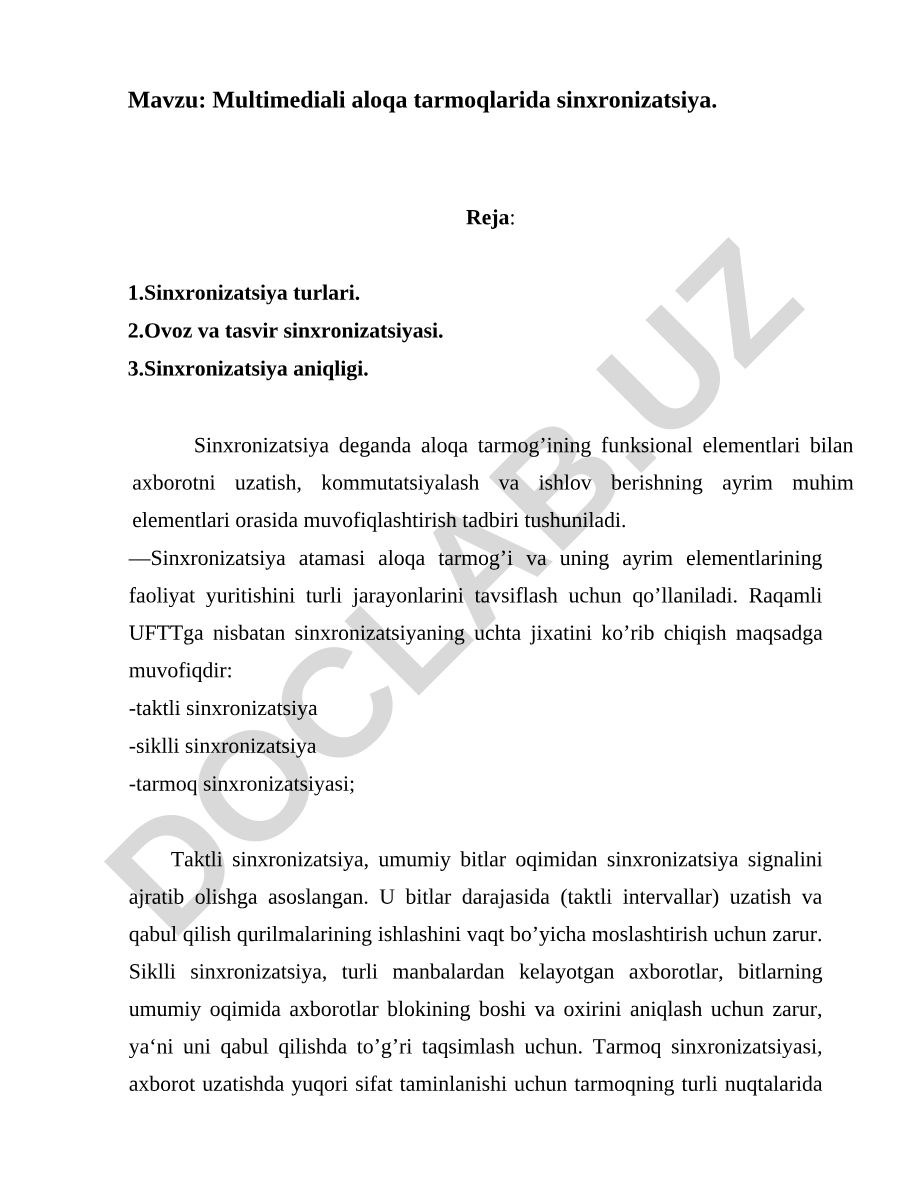 Multimediali aloqa tarmoqlarida sinxronizatsiya