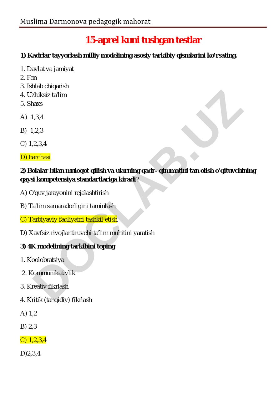 Pedagogik mahorat test savollari
