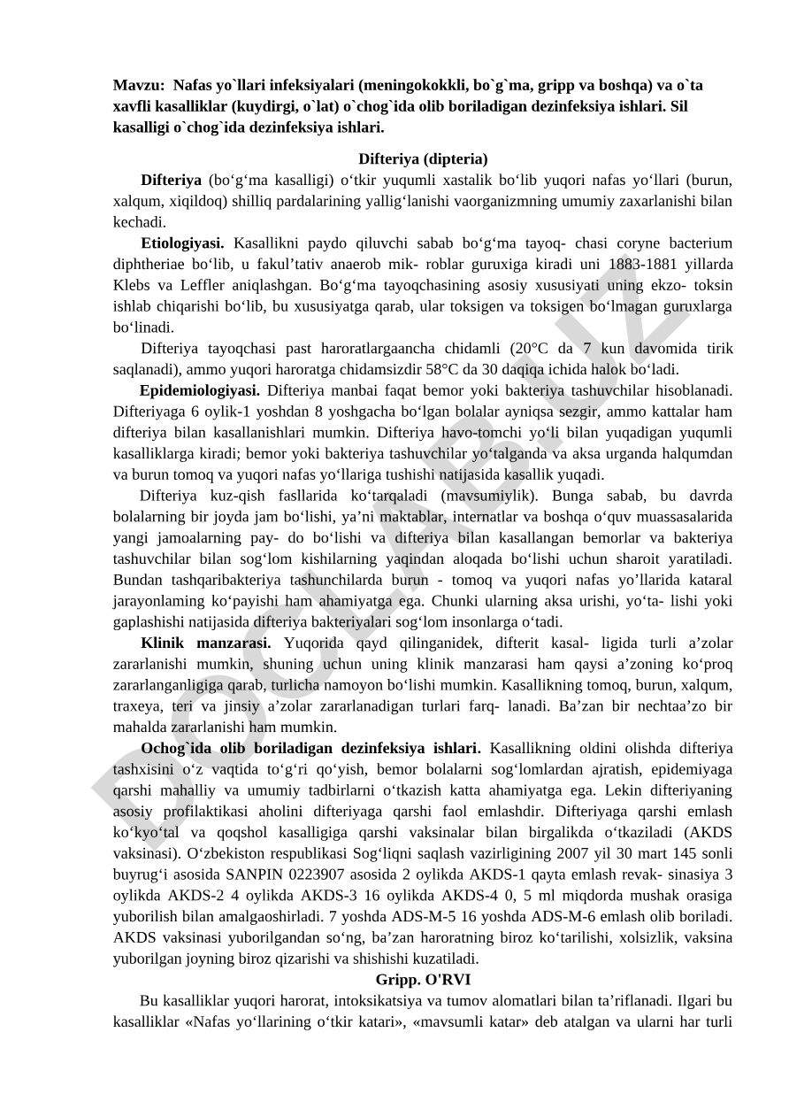 Nafas yo`llari infeksiyalari va o`ta xavfli kasalliklar o`chog`ida olib boriladigan dezinfeksiya ishlari